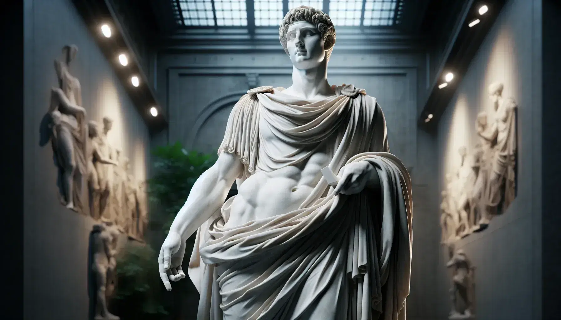 Statua in marmo bianco di figura romana antica con tunica e mantello, elmo o corona in testa, mano destra alzata, in posa eretta.