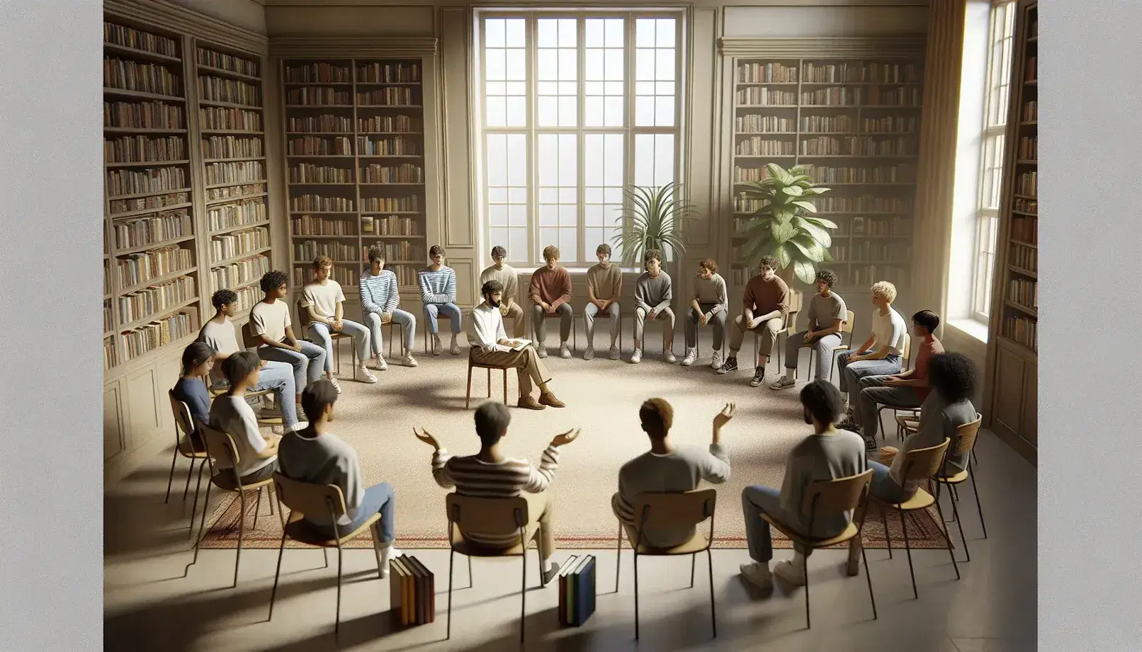 Group of attentive multiethnic students in circle with teacher gesturally involved in bright classroom, chairs arranged around empty chair, books and plant in background.
