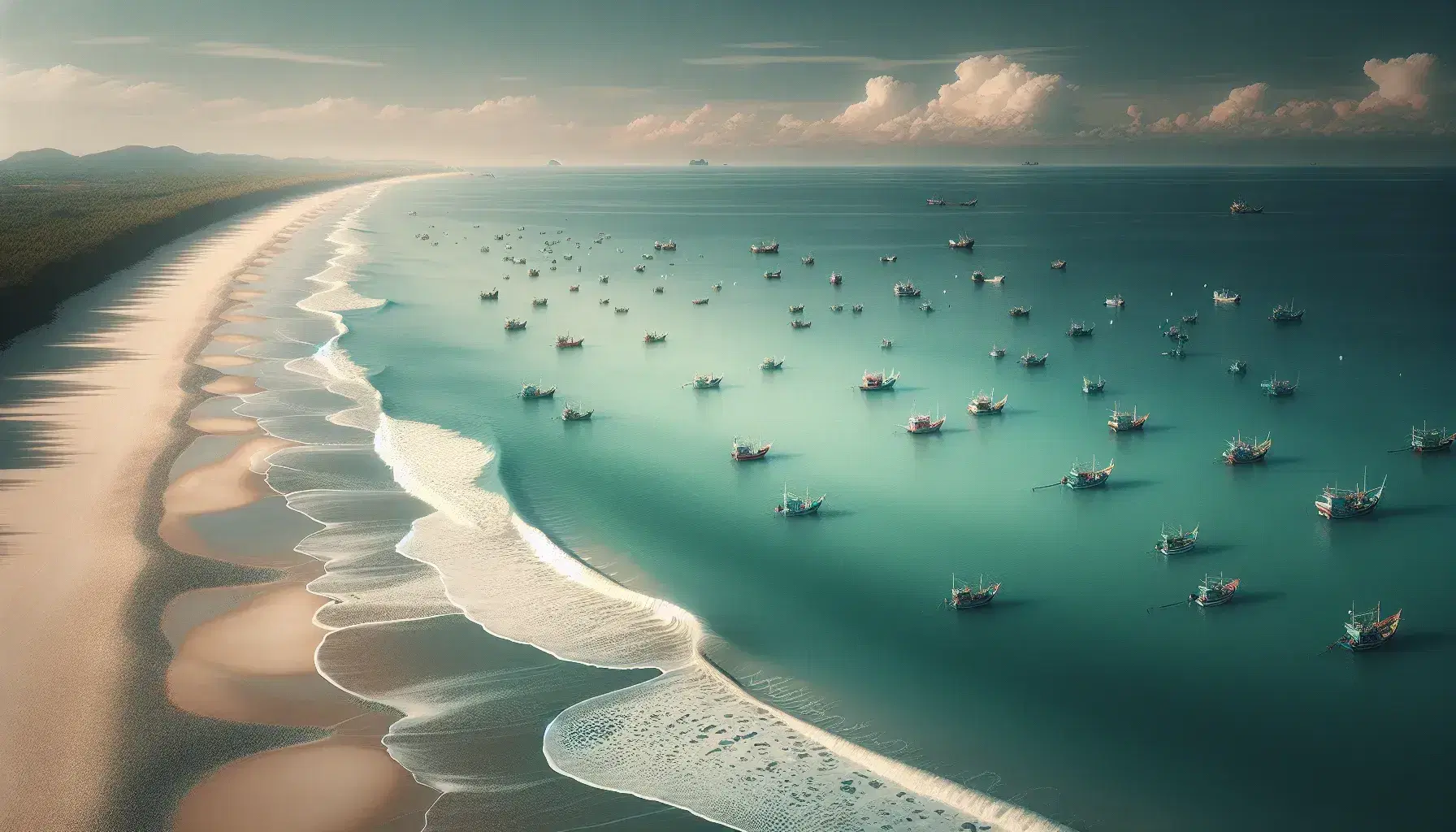 Vista panorámica de una playa de arena clara con olas suaves, barcos de pesca coloridos en el mar verde-azulado y un acantilado rocoso con vegetación.