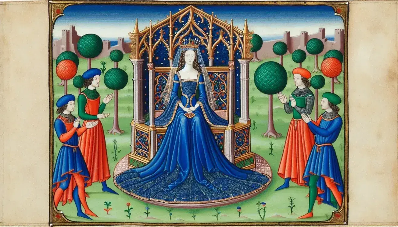 Donna regale su trono medievale in abito blu con velo, affiancata da due uomini in tuniche colorate in giardino stilizzato.