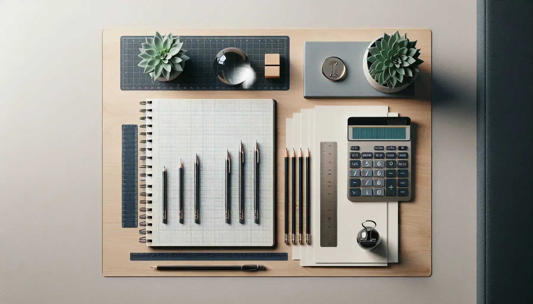 Tidy desk with open squared notebook, modern calculator, sharp pencils and green plant, on light wooden surface.