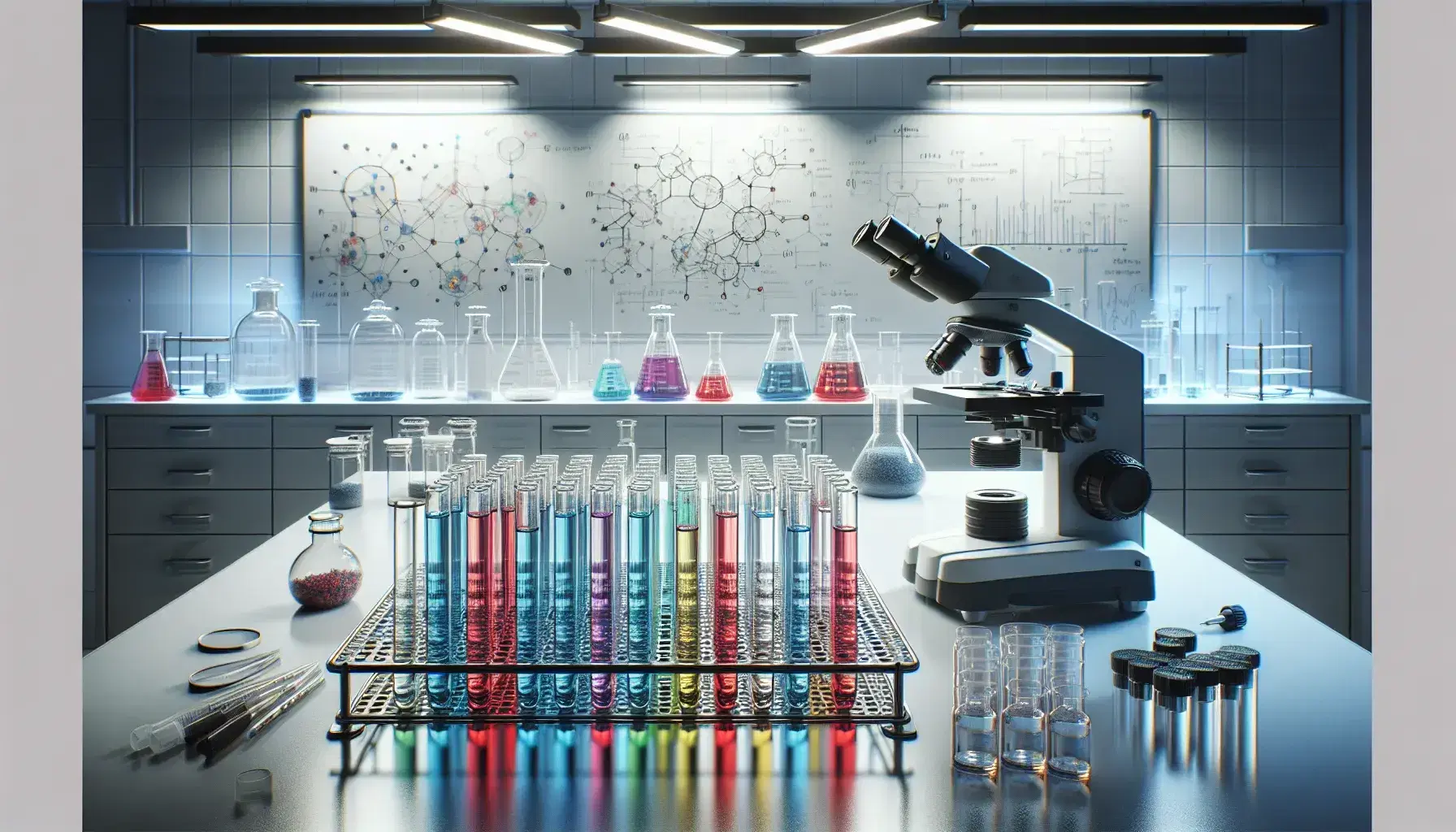 Laboratorio científico con tubos de ensayo de colores en estante metálico, microscopio y estantes con frascos de químicos, iluminado por luces fluorescentes.
