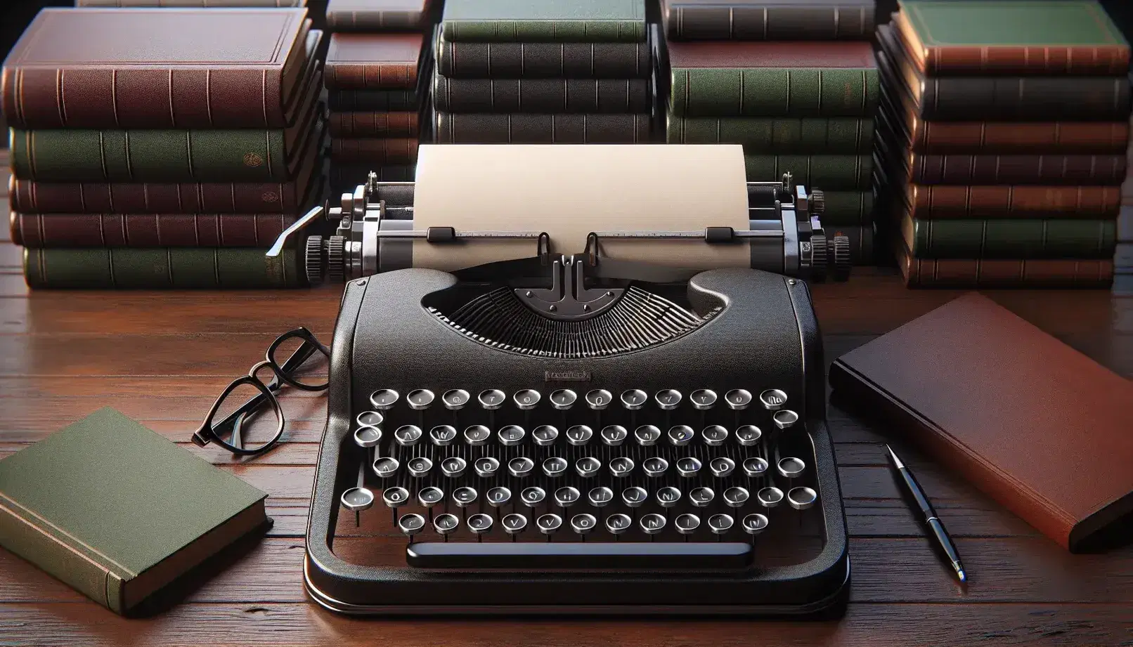 Vintage typewriter with blank paper on a wooden desk, accompanied by a stack of hardcover books, round-rimmed eyeglasses, and a potted plant in the background.
