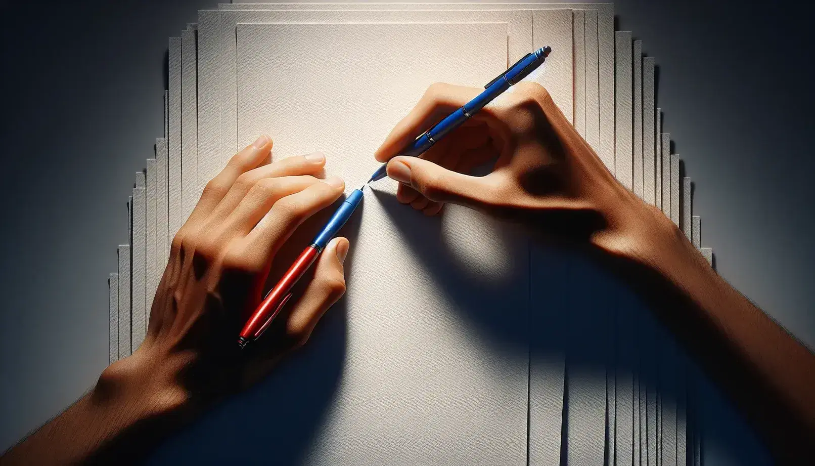 Two hands poised to write with uncapped red and blue pens over a fanned stack of blank papers, highlighting the potential for creative expression.
