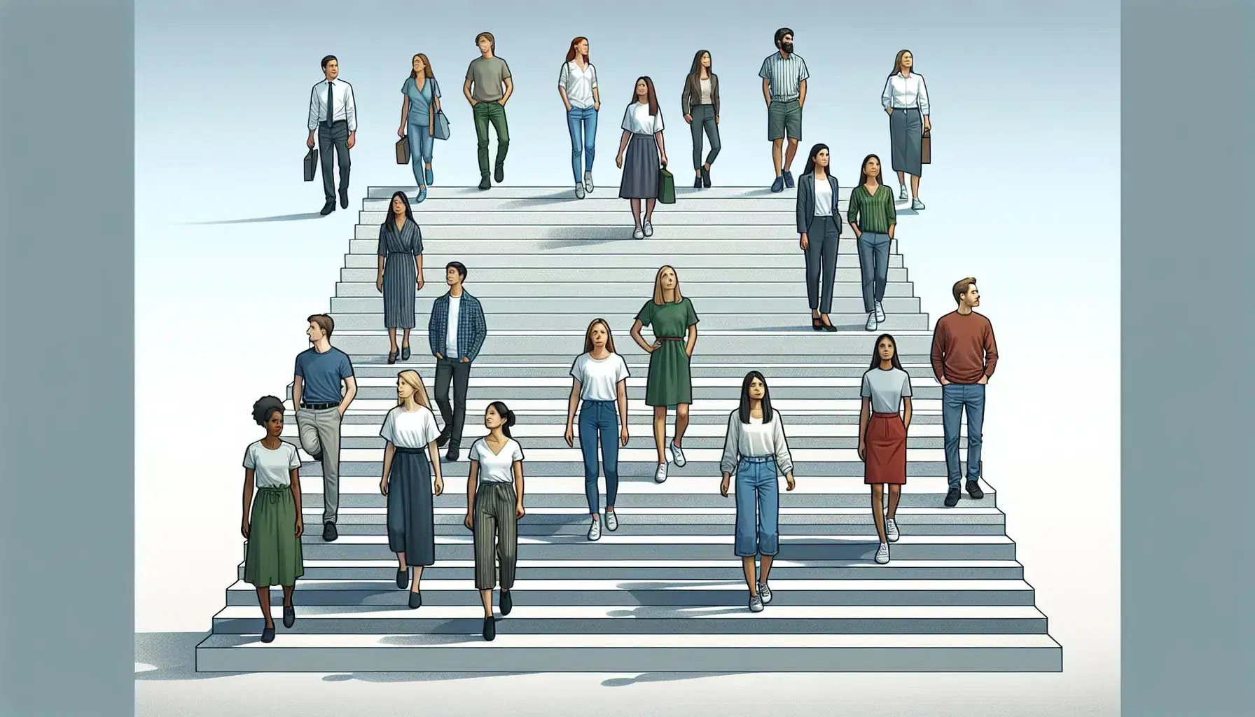 Diverse group ascending steps symbolizing growth, with individuals in varied attire from casual to business, under a clear gradient sky.