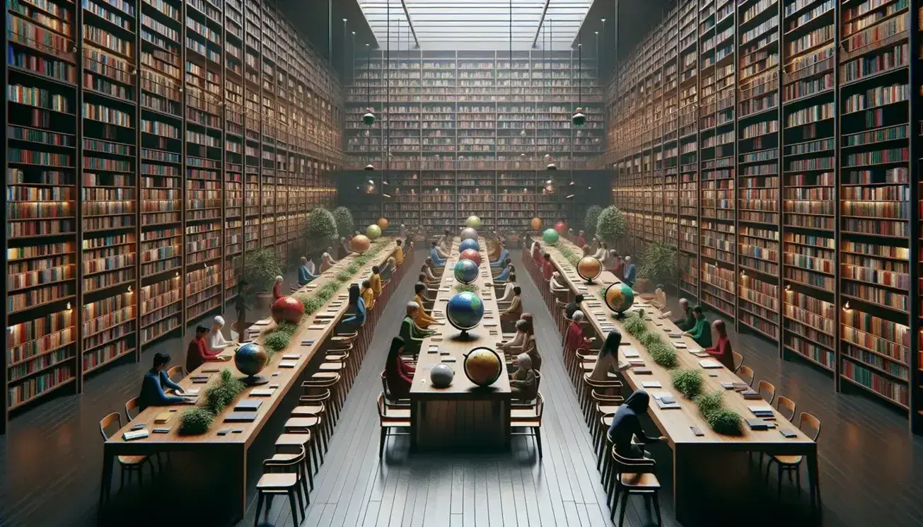 Biblioteca multiculturale con scaffali in legno scuro pieni di libri colorati, tavoli in legno chiaro con globi terrestri e persone che leggono.