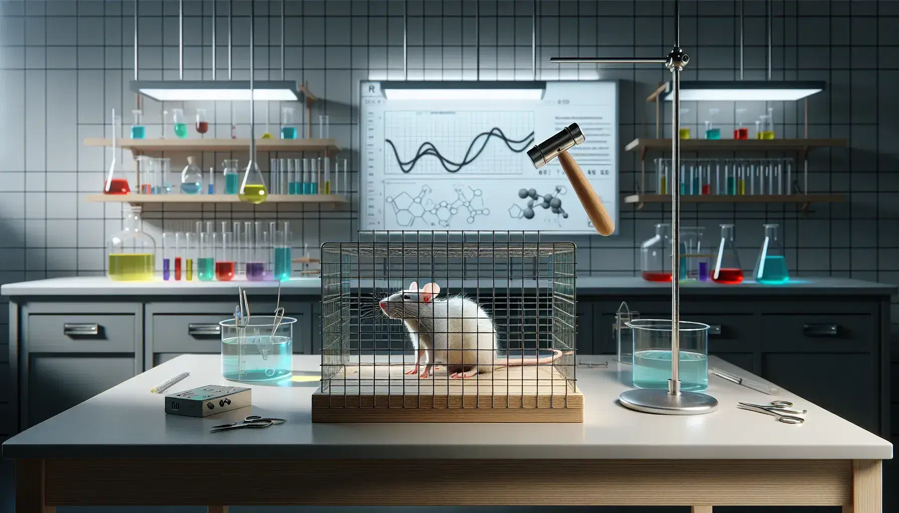 Laboratorio scientifico con ratto bianco e nero in gabbia trasparente, martello su tavolo e scaffali con contenitori colorati.