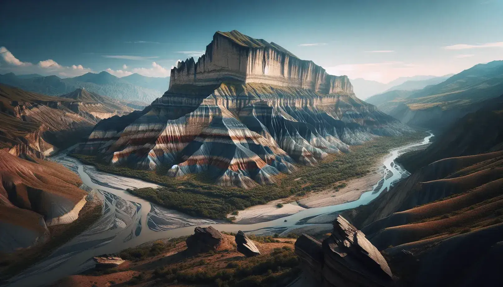 Paisaje natural con montaña estratificada en tonos marrones y rojos, bloques de piedra en la base y río serpenteante bajo un cielo azul claro.