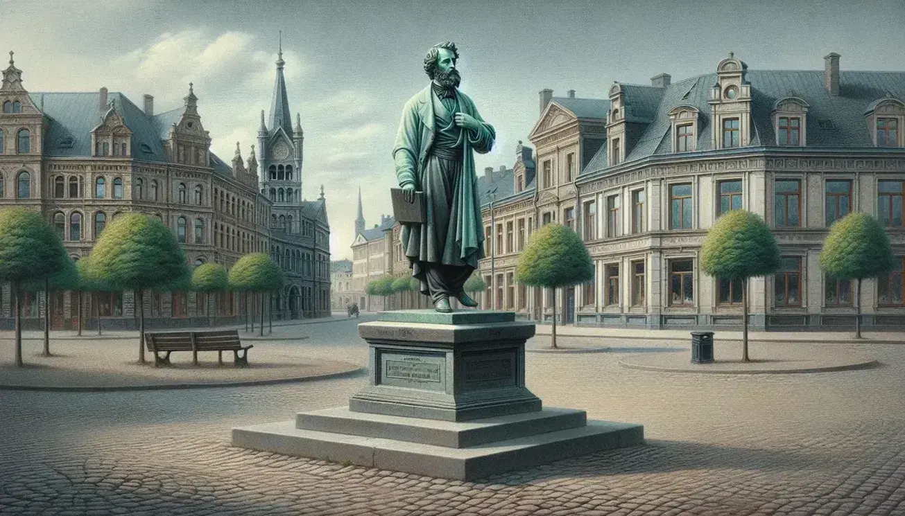 19th-century European city square with a bronze statue of a bearded man holding a book, surrounded by ornate buildings and cobblestone pavement under a clear blue sky.