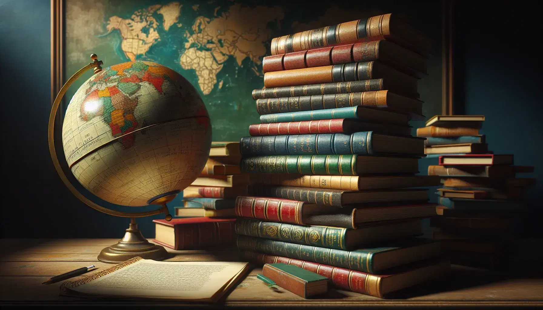 Libri impilati in modo disordinato con copertine colorate e mappamondo antico appoggiato, su sfondo di lavagna verde scuro.
