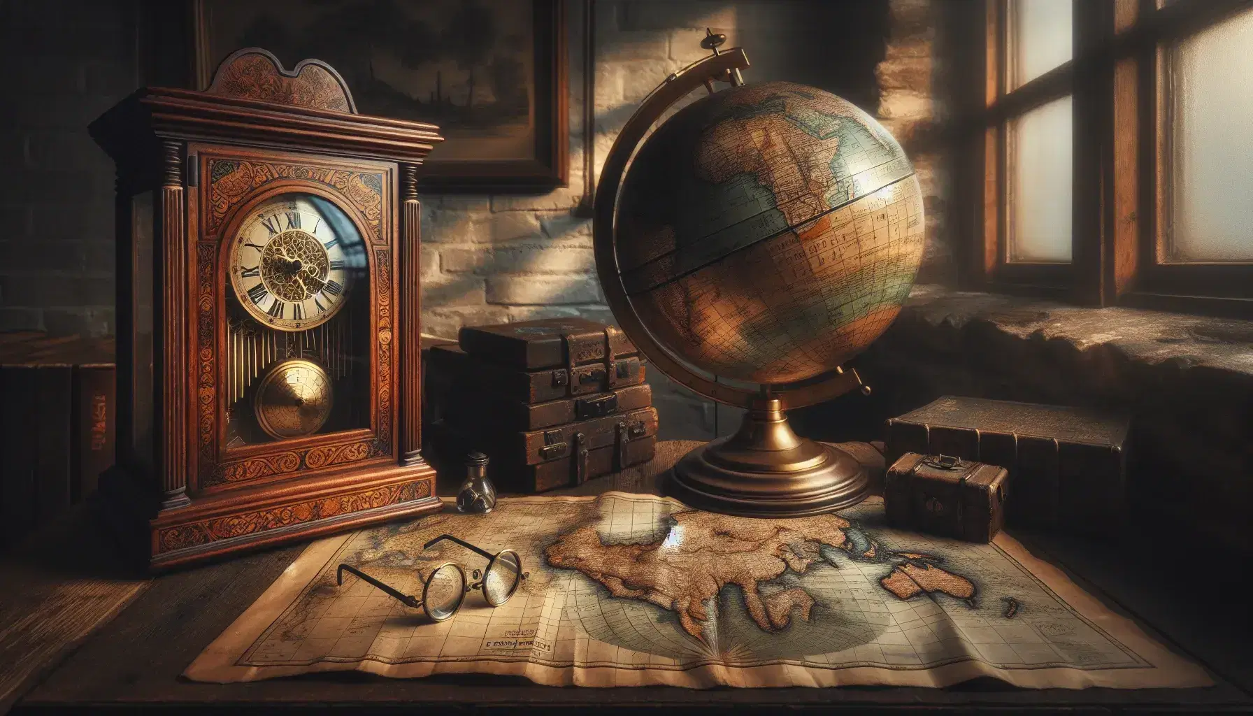 Orologio a pendolo in legno con dettagli intarsiati e quadrante dorato, mappa antica e globo terrestre su tavolo, occhiali vintage in primo piano.