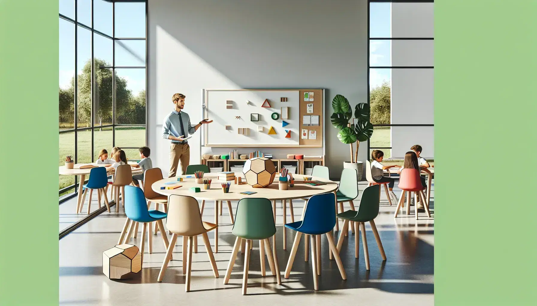 Aula escolar moderna y luminosa con mesa redonda y sillas ergonómicas de colores, materiales educativos sobre la mesa, pizarra blanca y ventanas con vista a zona verde, profesor interactuando con estudiantes atentos.