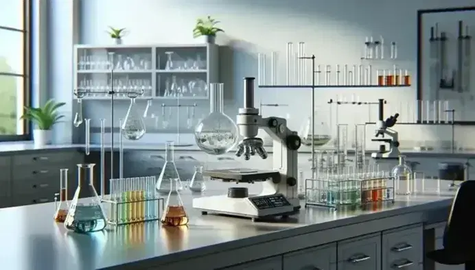 Laboratorio scientifico moderno con strumenti di misura, provette, becher con liquidi colorati, bruciatore Bunsen e microscopio, senza persone.