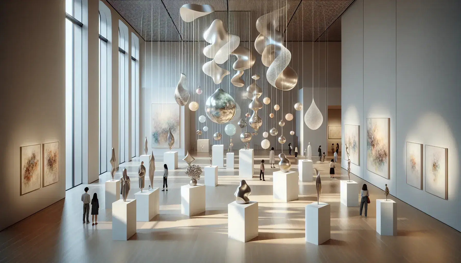 Interior de museo contemporáneo con pedestales blancos exhibiendo esculturas abstractas y una instalación artística colgante, visitantes contemplando las obras y escalera de caracol metálica.