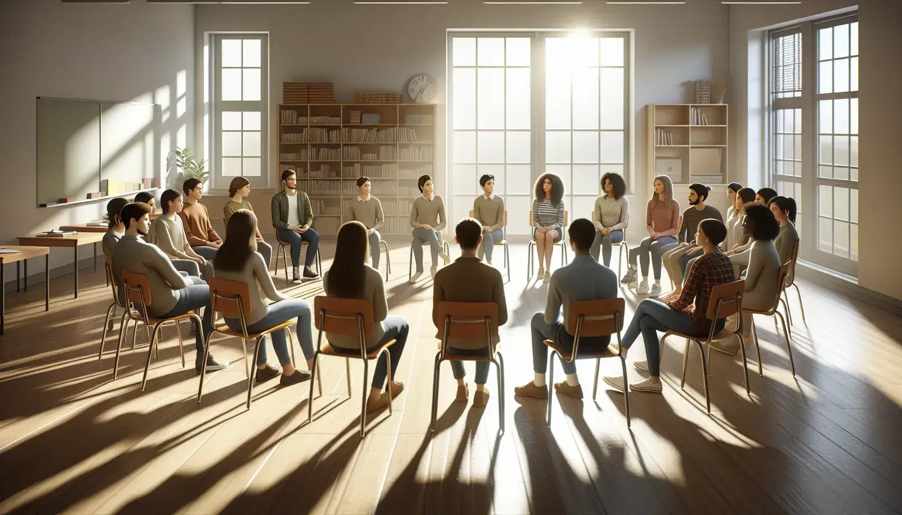 Studenti seduti in cerchio in una classe luminosa ascoltano attivamente un compagno che parla, in un ambiente di apprendimento collaborativo.
