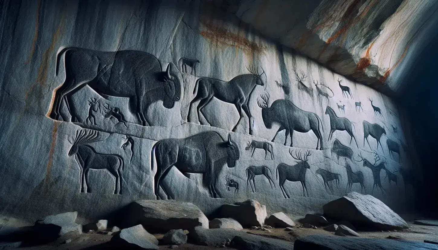 Parete di calcare grigio-blu con incisioni di animali preistorici riempite di pigmento nero e ocra rosso, tra cui bisonti, cavalli e cervi.