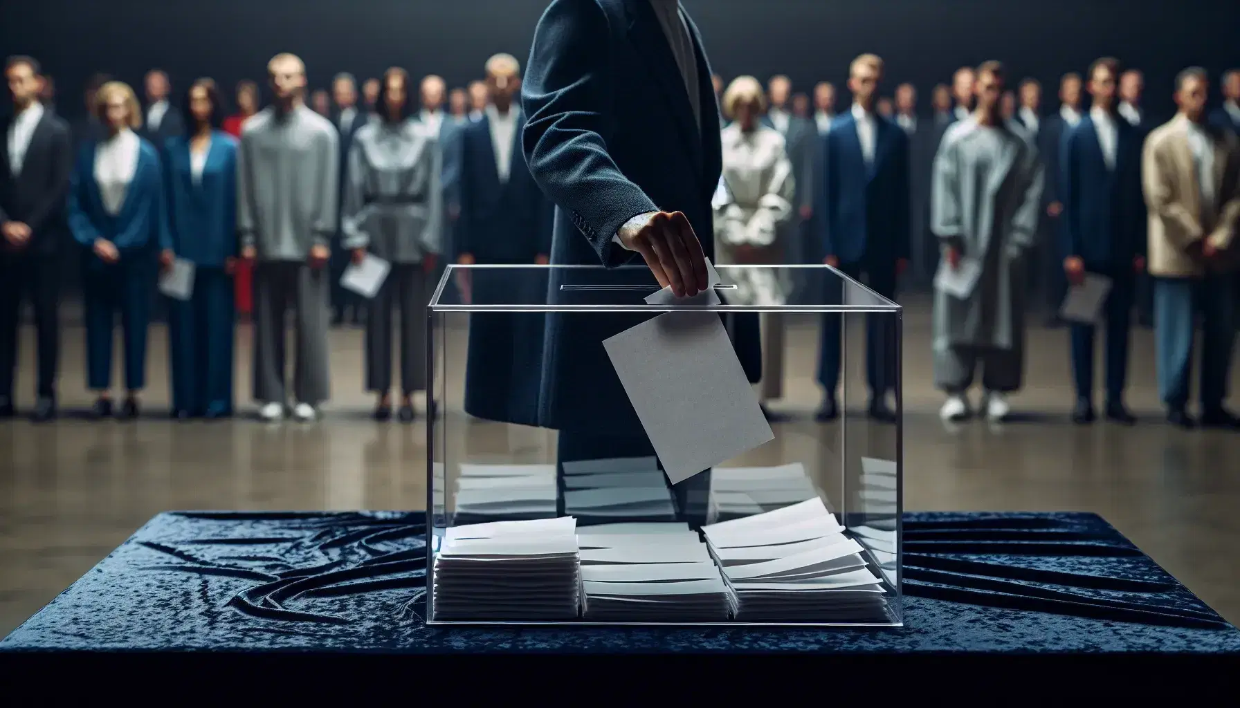 Urna trasparente con schede elettorali bianche e mano che inserisce una scheda, persone sfocate in attesa di votare sullo sfondo.