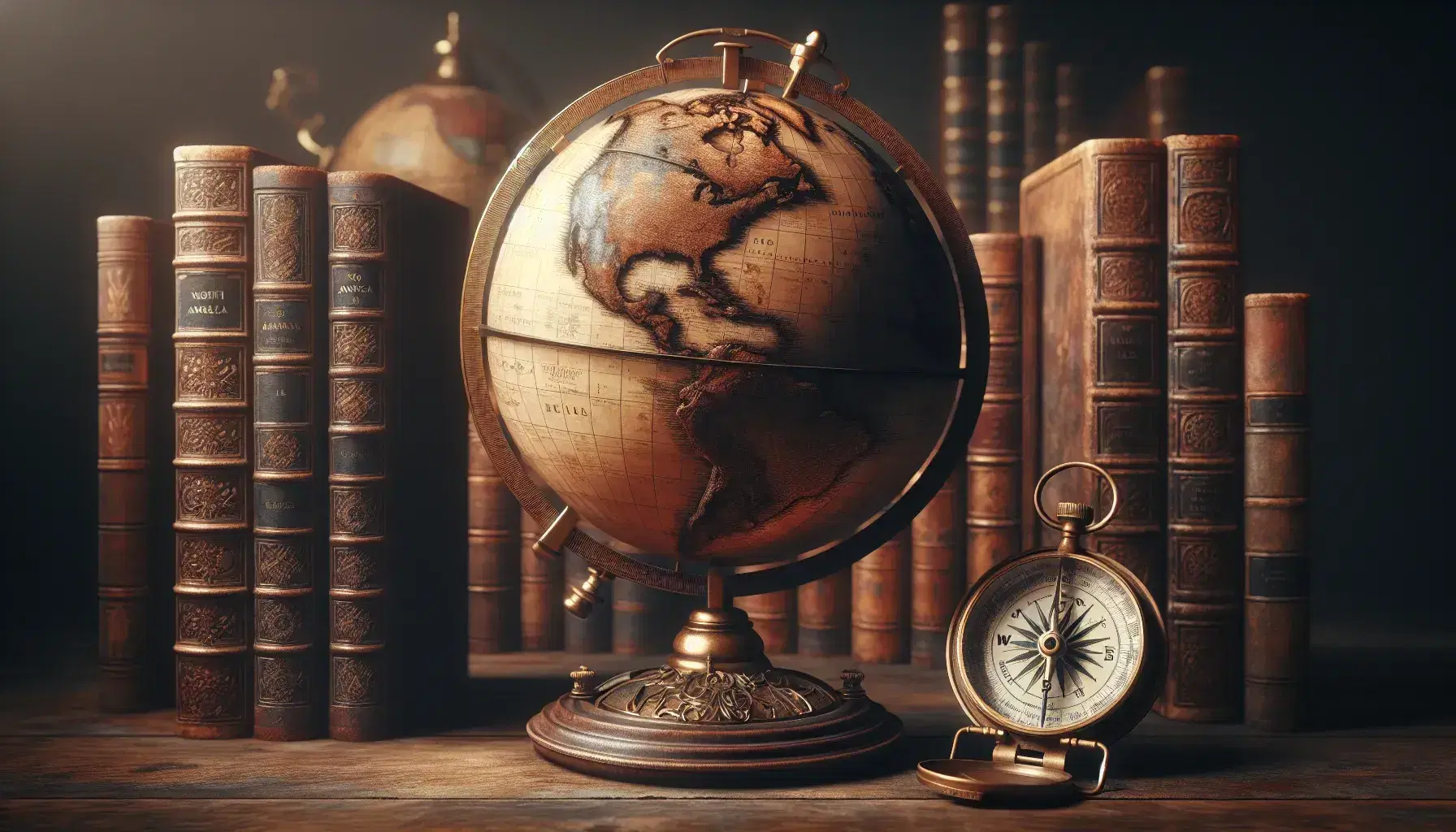 Vintage sepia-toned globe on ornate wooden stand with North America visible, beside an antique brass compass and a backdrop of leather-bound books.