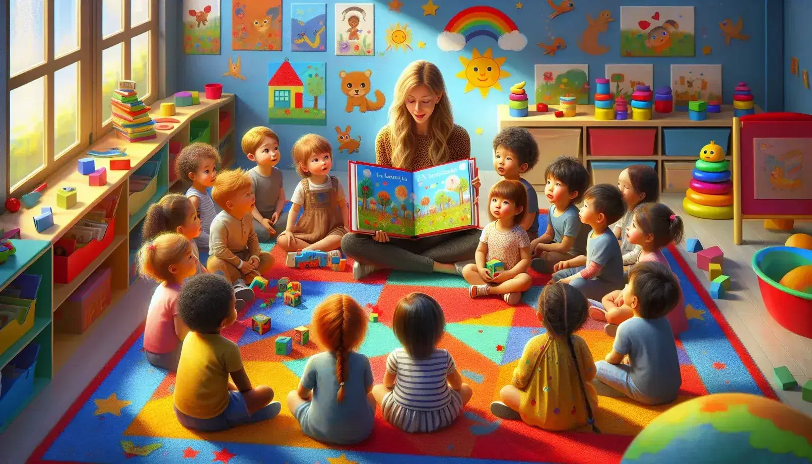 Niños pequeños atentos a una mujer leyendo un libro colorido en una alfombra de tonos vivos, con juguetes y decoración de aula infantil.