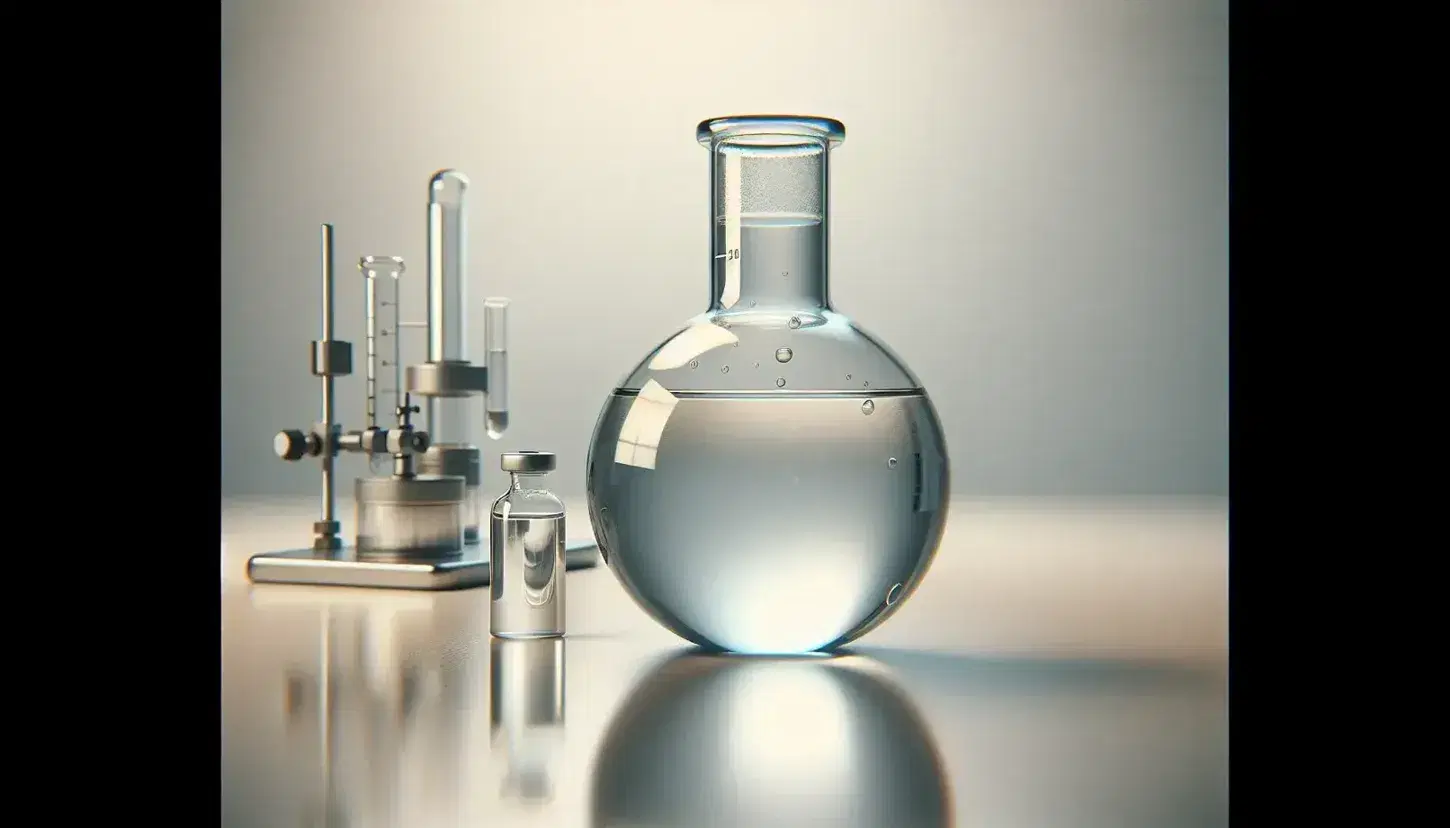 Glass flask with colorless liquid on reflective surface in laboratory, with vial and blurred equipment in background.