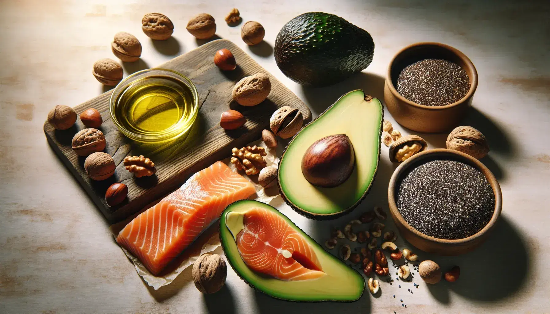 Variedad de alimentos ricos en lípidos con aguacate cortado, nueces, semillas de chia, filete de salmón y aceite de oliva en superficie de madera.