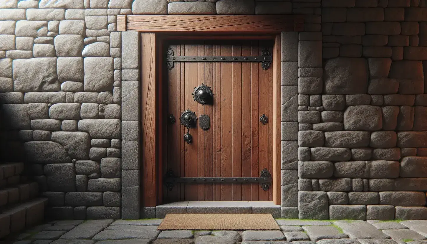 Dark wooden door with iron hinges on stone wall, worn threshold and simple doormat, natural daylighting.