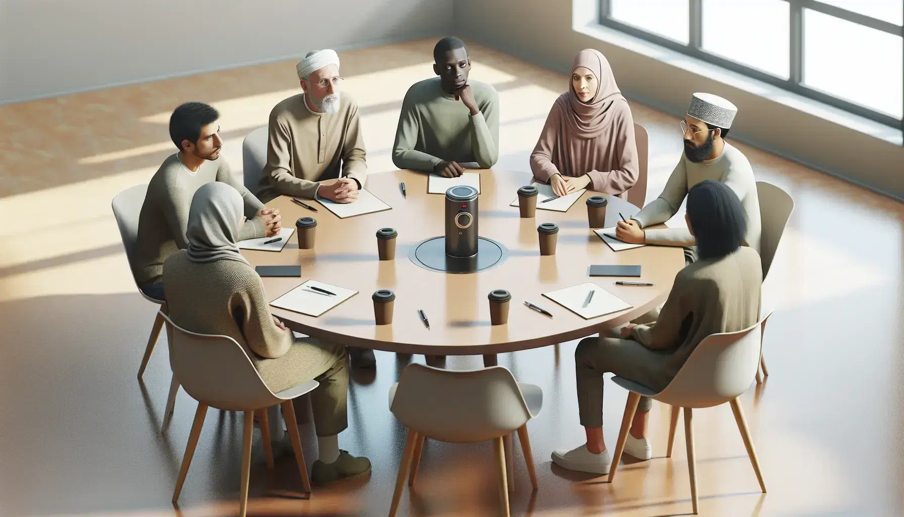 Grupo diverso de cinco personas en reunión con papeles y bolígrafos alrededor de una mesa redonda con grabadora digital y tazas de café en ambiente iluminado naturalmente.