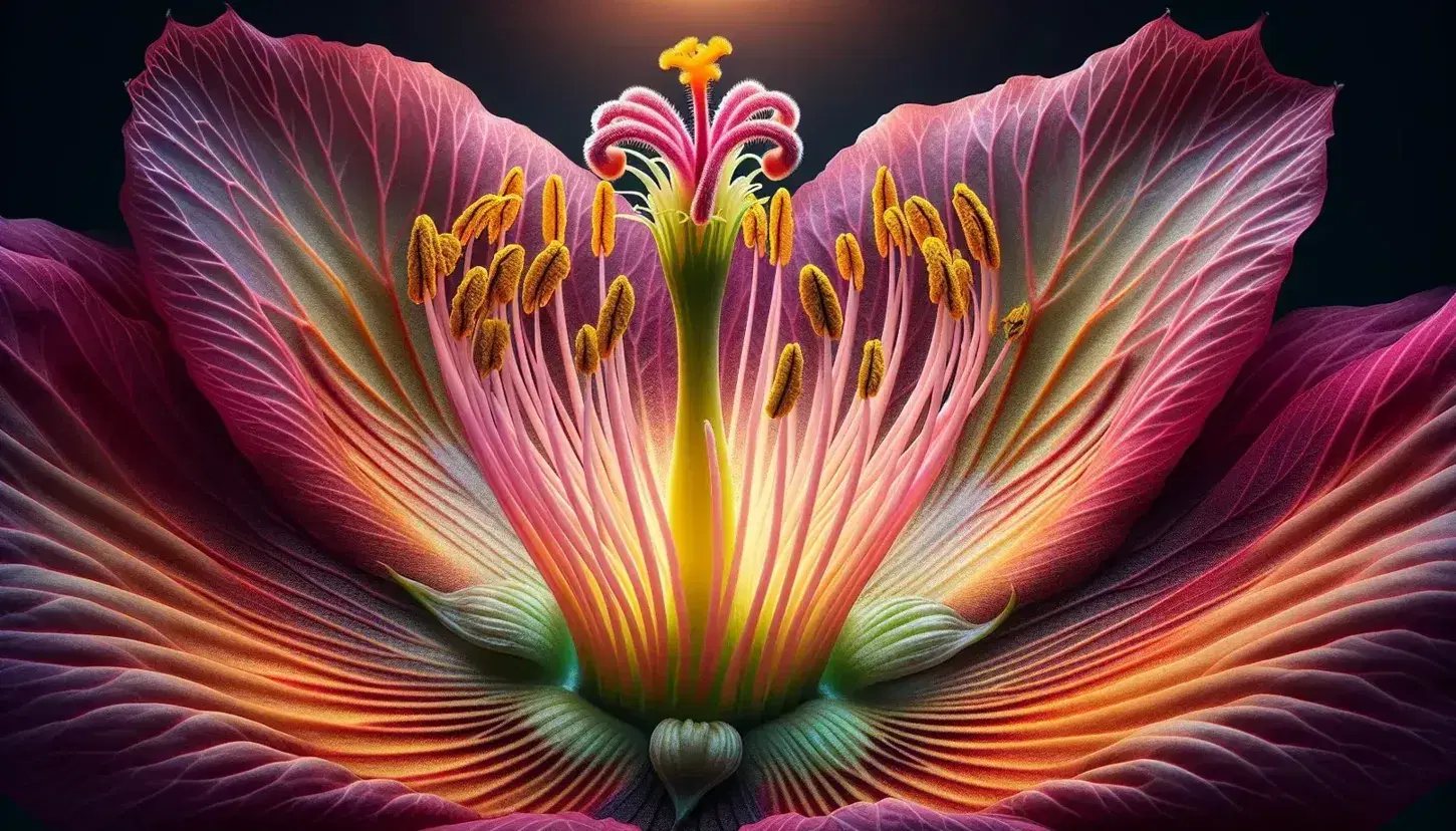 Close-up of a vibrant pink angiosperm flower with detailed stamen and pistil, surrounded by soft green foliage in a natural setting.