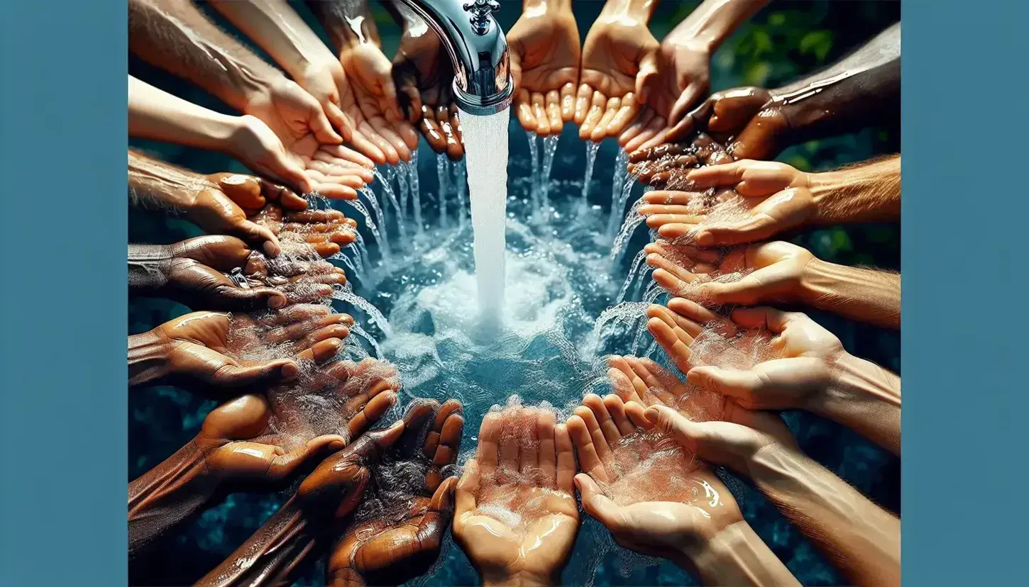 Manos de diversas tonalidades de piel extendiéndose hacia un chorro de agua cristalina que fluye de un grifo, con un fondo desenfocado verde y azul.