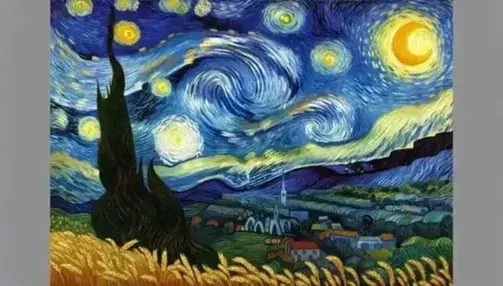 Riproduzione del dipinto 'Notte Stellata' di Van Gogh con cielo dinamico, luna e stelle gialle, cipresso e paesino.