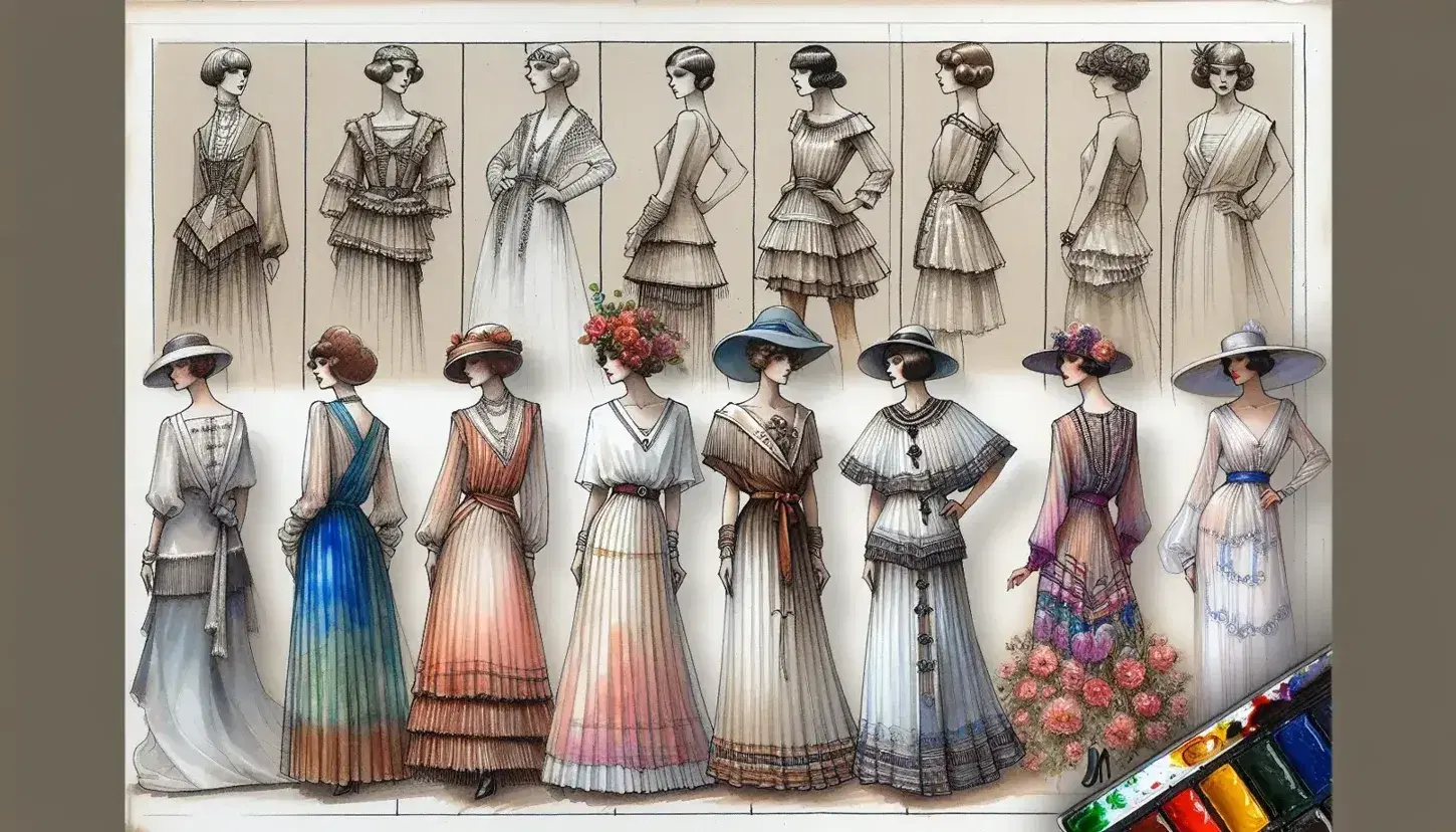 Sequenza di figurini moda che illustrano l'evoluzione stilistica dal 18° secolo al futuro, con tecniche artistiche varie su sfondo neutro.