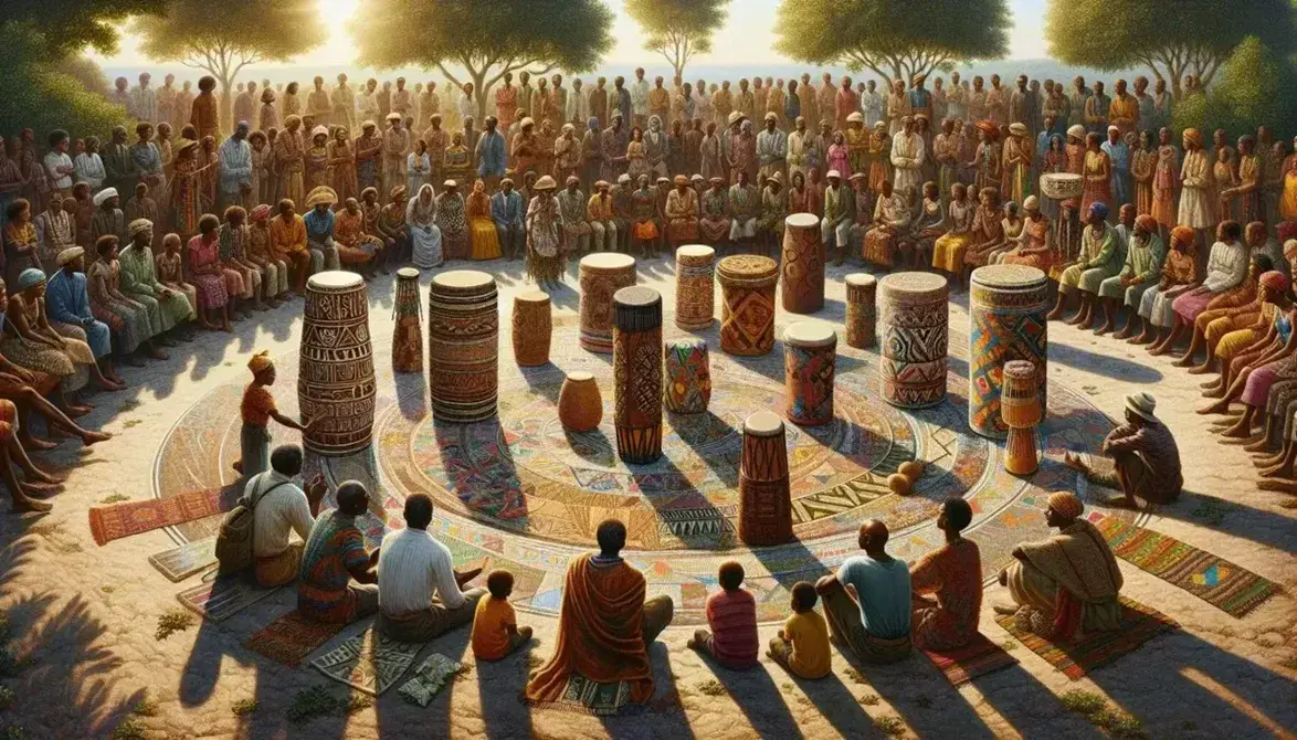 Grupo diverso participando en evento cultural al aire libre con máscaras talladas y tambores, rodeados de naturaleza y expresiones de danza.