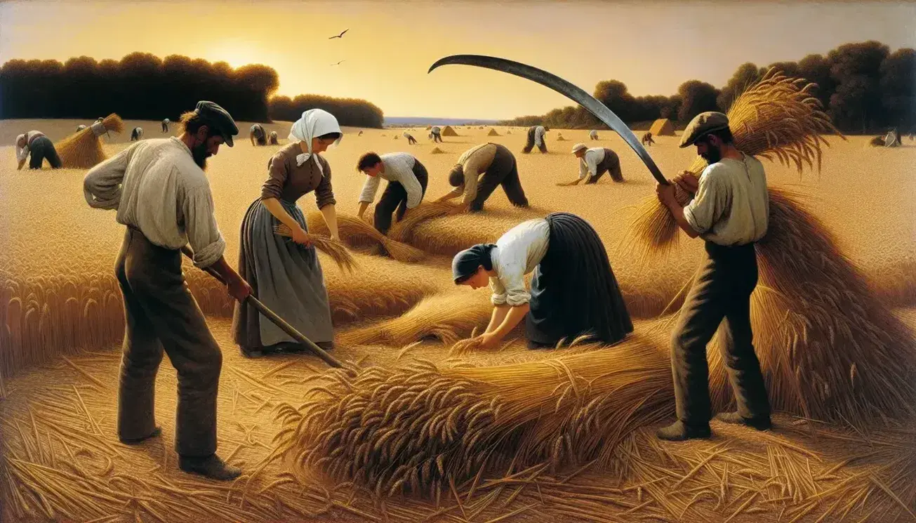 Mietitori al lavoro in un campo di grano al tramonto, con dettagli realistici e colori caldi del dipinto 'The Reapers' di Millet.