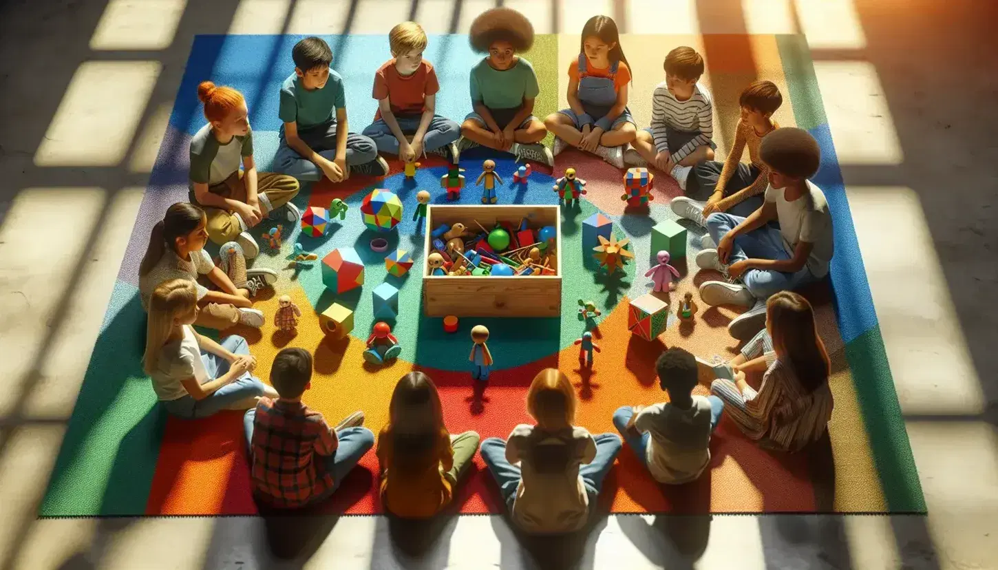 Niños y adolescentes de diversas etnias sentados en círculo en un aula con luz natural, interactuando con objetos geométricos de colores.