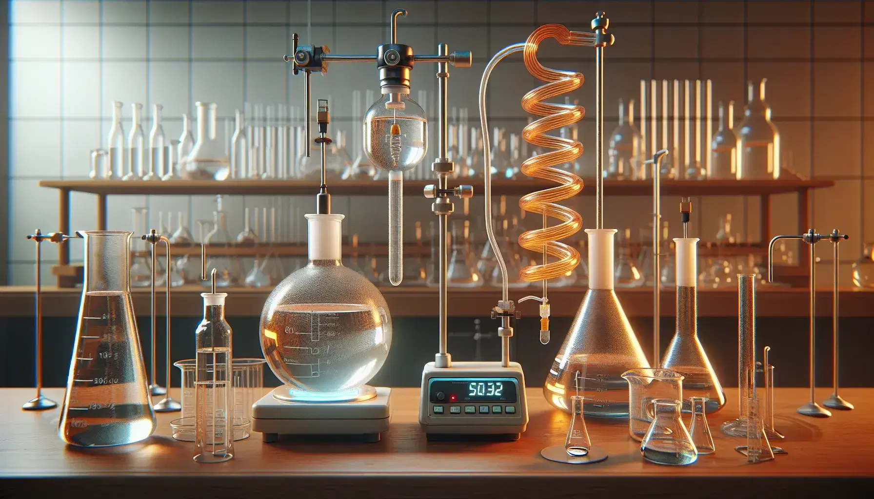 Organic chemistry laboratory with assortment of glassware, flask with reflux condenser, heating mantle, magnetic stirrer and organic solvents.