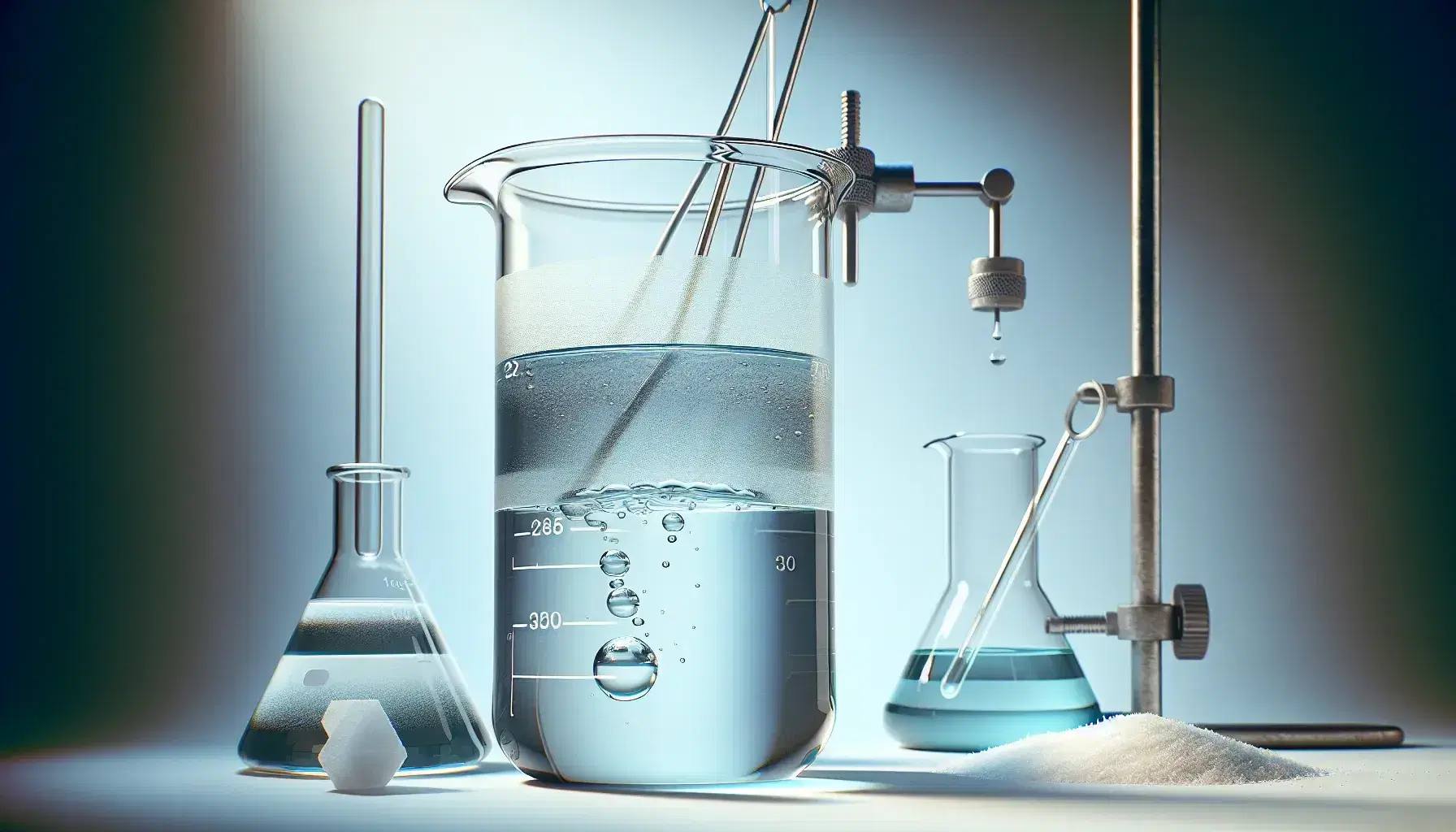 Glass beaker with immiscible liquids, dense colorless bottom layer and pale blue top, stirring rod and white crystalline solid.