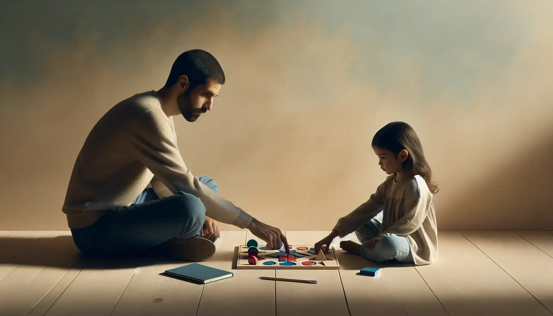 Adult Caucasian man and Hispanic little girl sitting on the floor play with a puzzle of colorful geometric shapes, with an open notebook and pencil next to them.