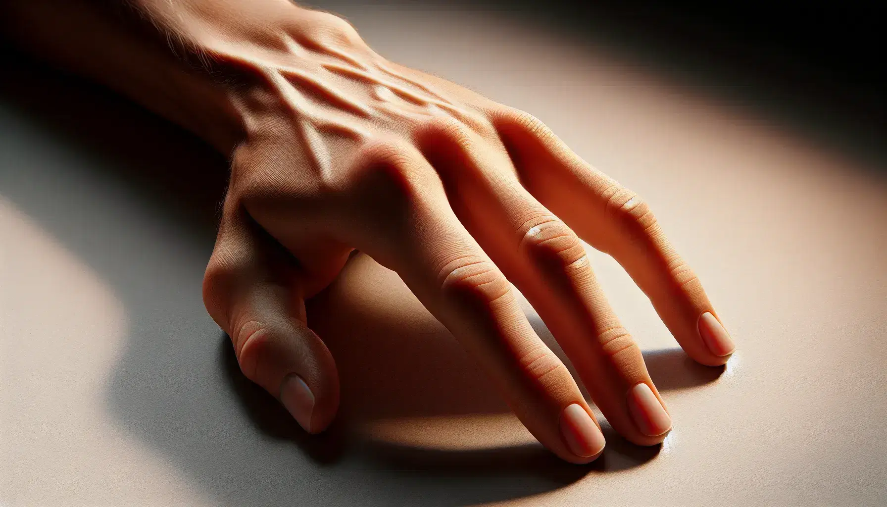 Mano umana semiaperta con pelle chiara e liscia, unghie curate, su superficie neutra, dettagli di tendini e vene visibili.