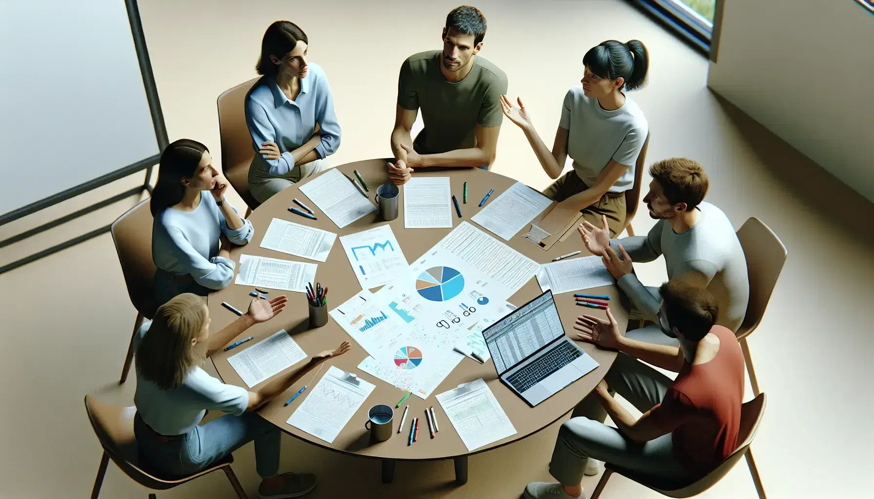 Grupo de cinco personas en reunión de trabajo alrededor de una mesa redonda con papeles, un portátil y una pizarra al fondo en una oficina iluminada.