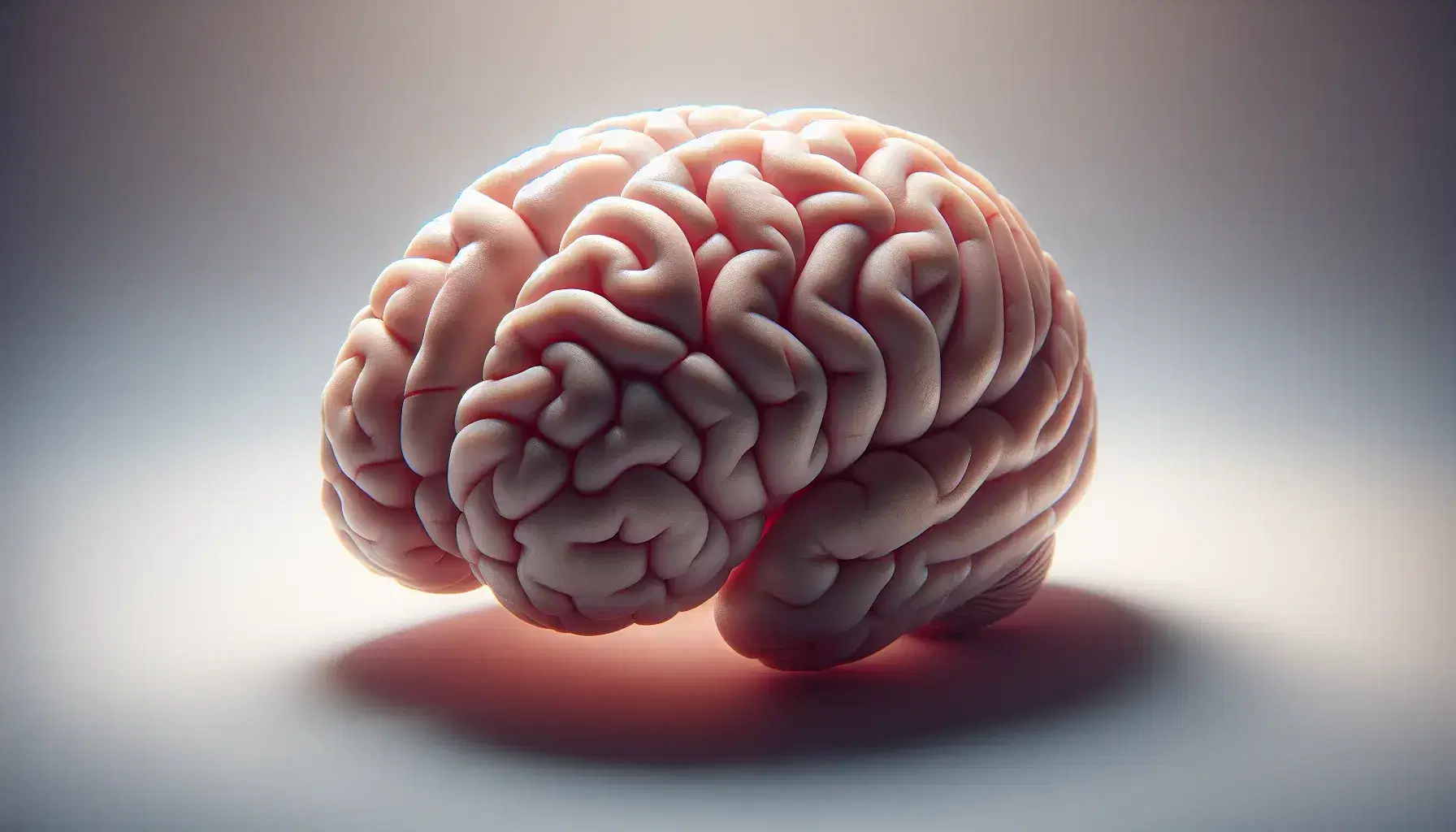 Cerebro humano tridimensional detallado en primer plano con iluminación suave sobre fondo gris claro que resalta surcos y texturas realistas.