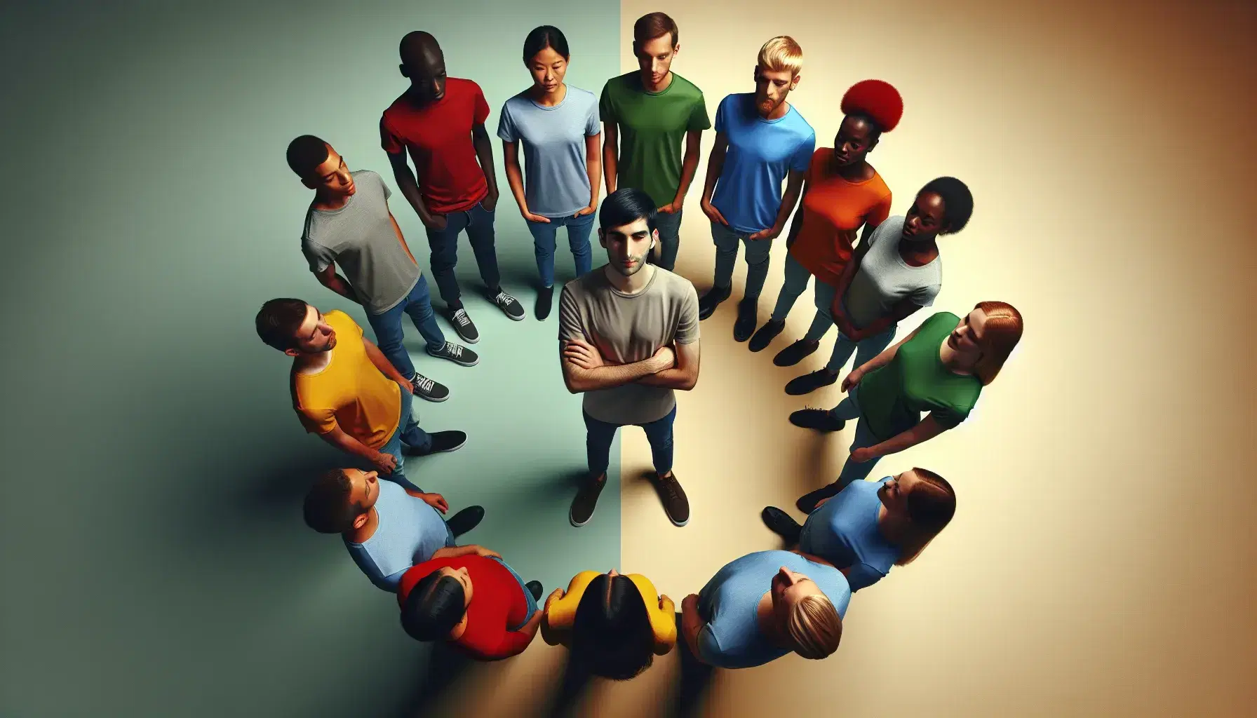 Multi-ethnic group in a circle with colorful t-shirts looks towards the center where a person in a neutral shirt crosses his arms.