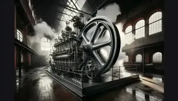 Máquina de vapor del siglo XIX en funcionamiento con rueda dentada y cilindros metálicos, vapor visible y fondo de ladrillos rojos.