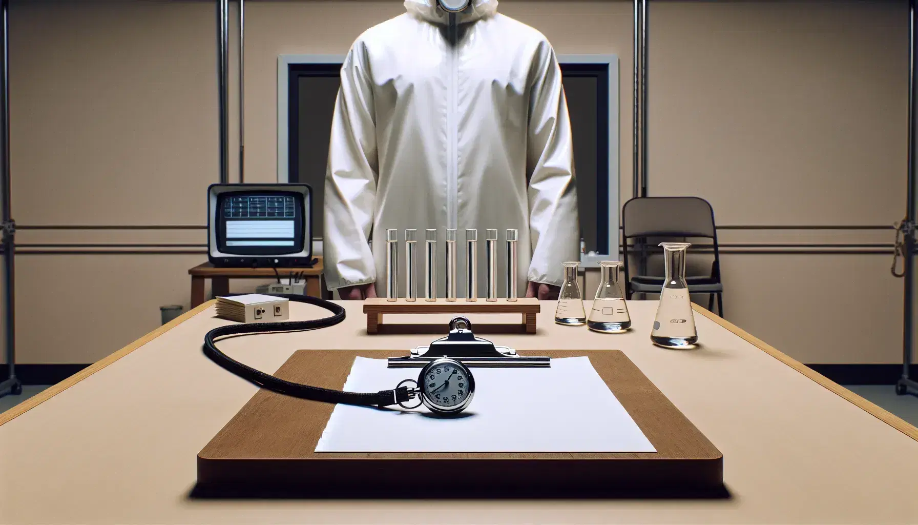Psychological laboratory environment with table and objects for experiments, researcher in white coat with clipboard and blue padded chair.