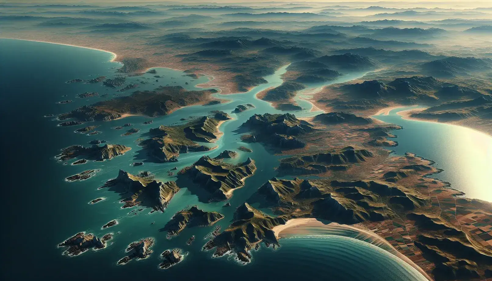 Vista aerea della costa spagnola con mare blu, spiagge sabbiose, promontori rocciosi e colline verdi nell'entroterra.