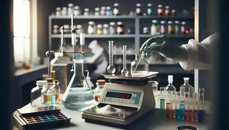 Escena de laboratorio químico con balanza analítica y polvo blanco, frascos Erlenmeyer con líquidos de colores y manos con guantes manipulando un vaso de precipitados.