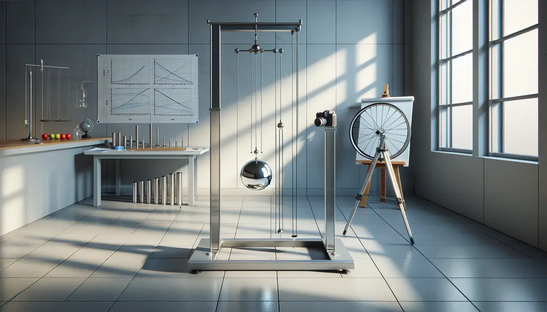 Laboratorio di fisica con pendolo di Foucault al centro, pesi cilindrici e ruota di bicicletta su scaffale, camera su treppiede e grafici su cavalletto.