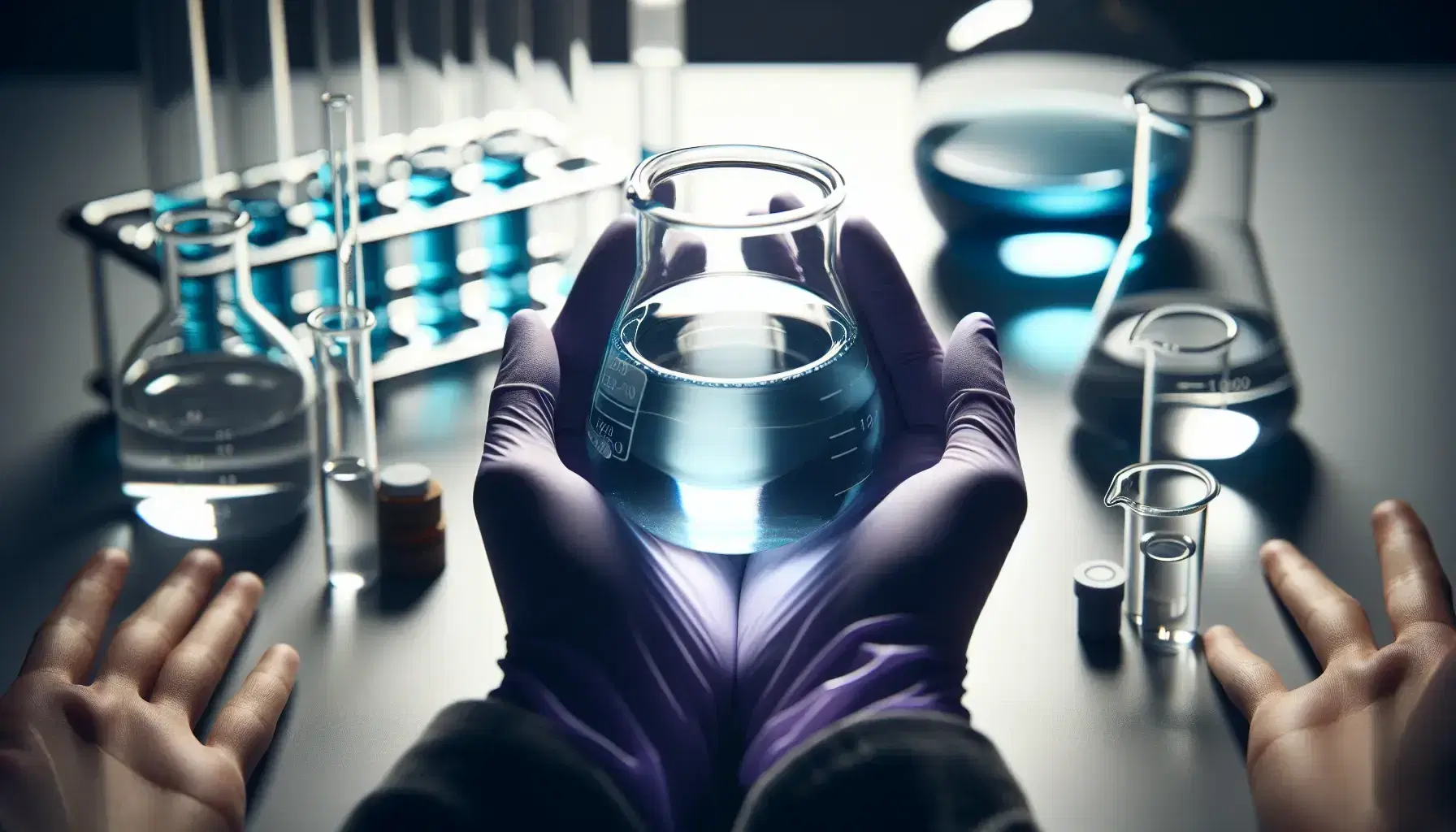 Hands in purple gloves holding a beaker with blue liquid in a lab setting, surrounded by various empty glassware on a gray background.