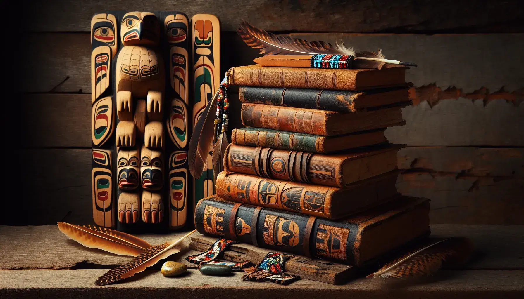 Stack of worn leather-bound Native American books with a beaded bookmark on a wooden table, beside a detailed totem figure and a basket with feathers and stones.
