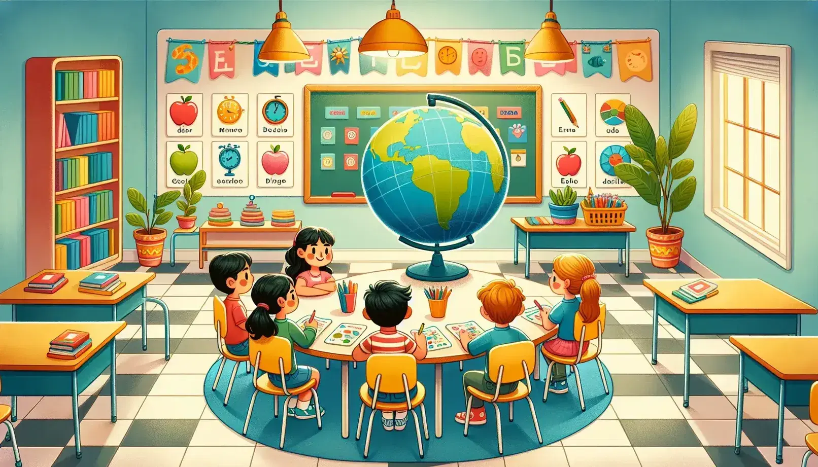 Vibrant Spanish classroom with students holding objects around a globe on a table, colorful shapes on a bulletin board, and potted plants.