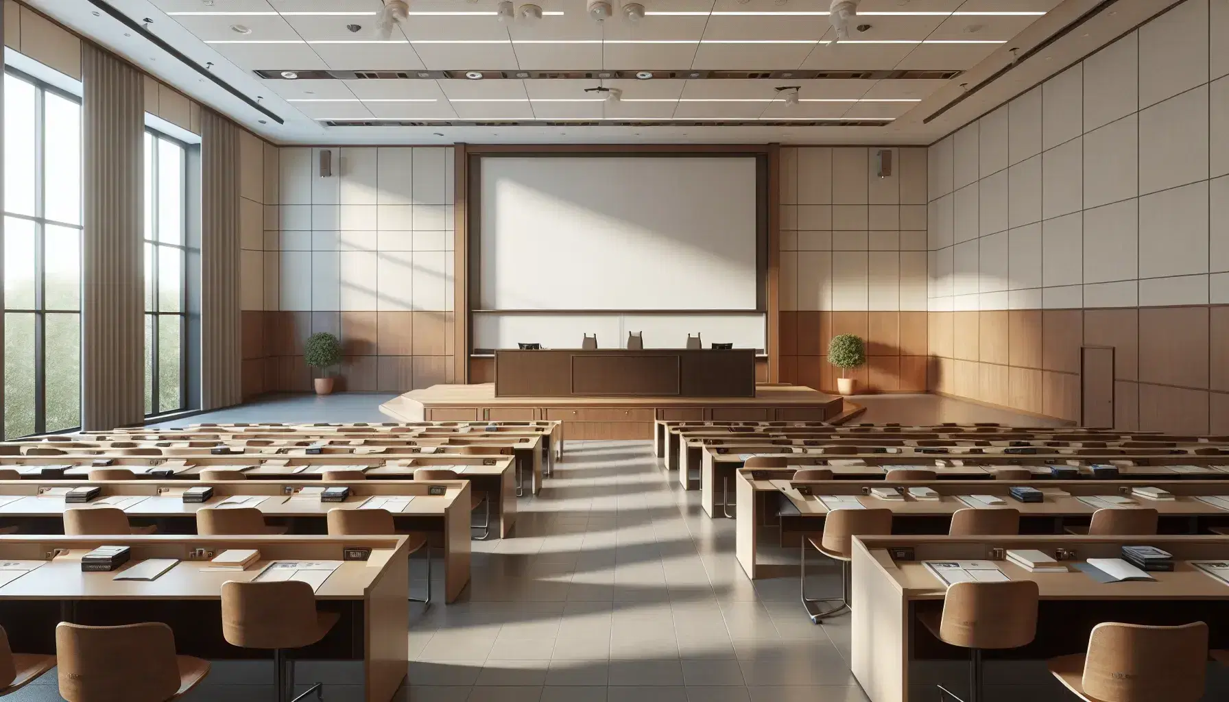 Aula universitaria vacía con filas de pupitres de madera, pizarra blanca grande al fondo y podio a la derecha, iluminada por luz natural.